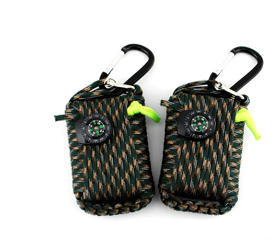 Hand-woven camping survival kit with 10.5m rope containing 25 tools including compass and medical supplies