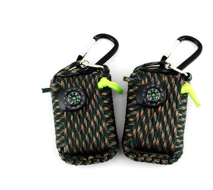 Hand-woven camping survival kit with 10.5m rope containing 25 tools including compass and medical supplies