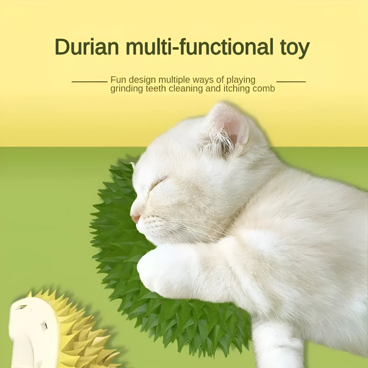 Durian shape wall cat brush and self groomer in green or yellow, 130g, with rotating catnip ball