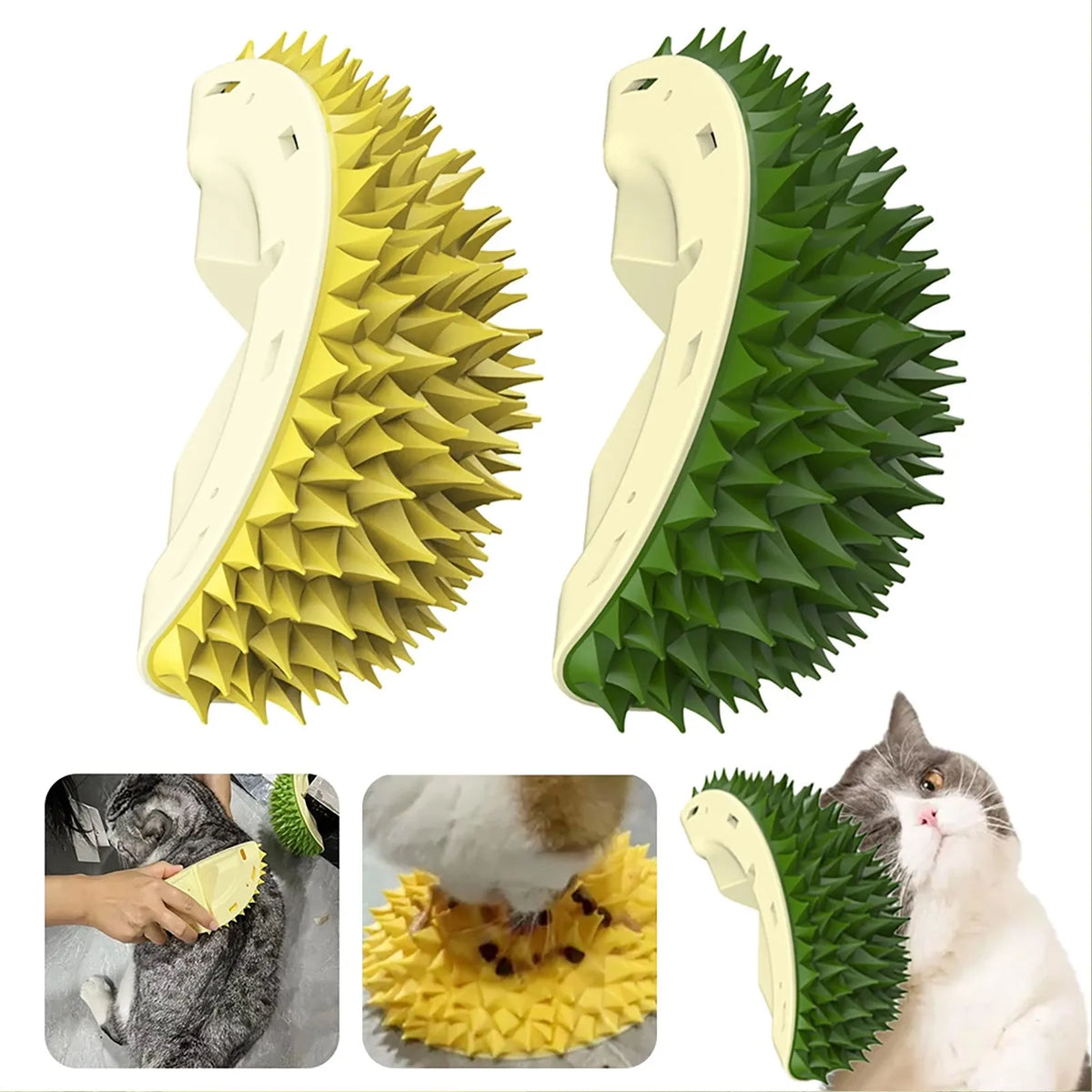 Durian shape wall cat brush and self groomer in green or yellow, 130g, with rotating catnip ball