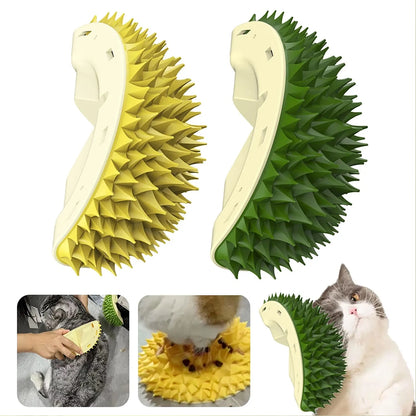 Durian shape wall cat brush and self groomer in green or yellow, 130g, with rotating catnip ball
