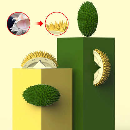 Durian shape wall cat brush and self groomer in green or yellow, 130g, with rotating catnip ball