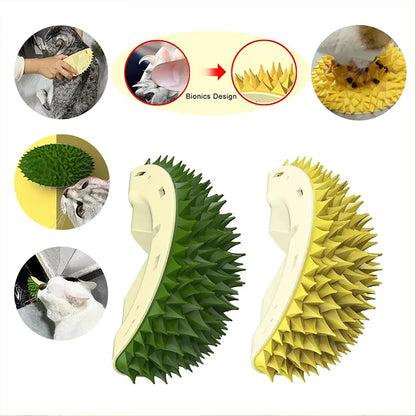 Durian shape wall cat brush and self groomer in green or yellow, 130g, with rotating catnip ball