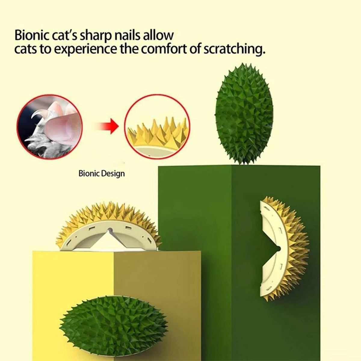 Durian shape wall cat brush and self groomer in green or yellow, 130g, with rotating catnip ball
