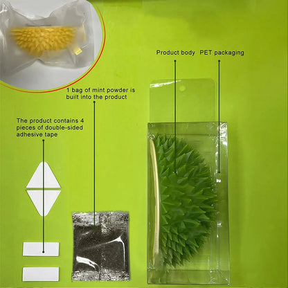 Durian shape wall cat brush and self groomer in green or yellow, 130g, with rotating catnip ball