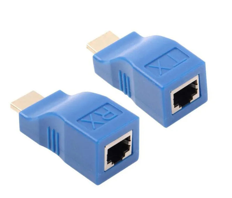 HDMI extender transmitter and receiver kit for sending 1080p video over Cat5e or Cat6 cable up to 30 metres.