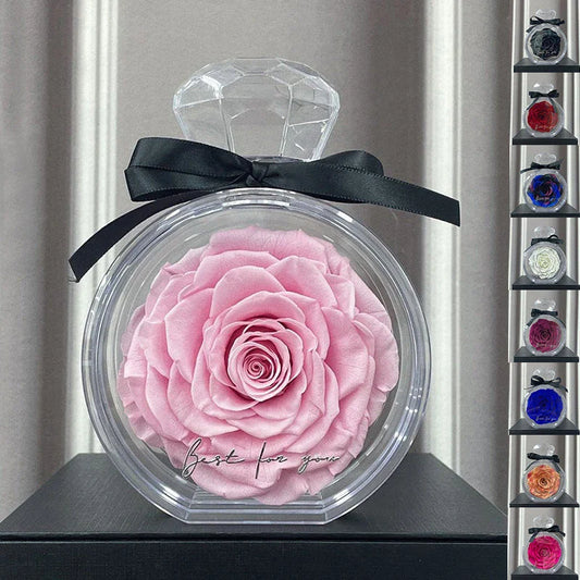 Preserved floral ornaments in various colors, displayed in a transparent cover for elegant home decor