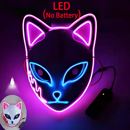 Pink LED cat face mask with transparent blue accents and lighting effects