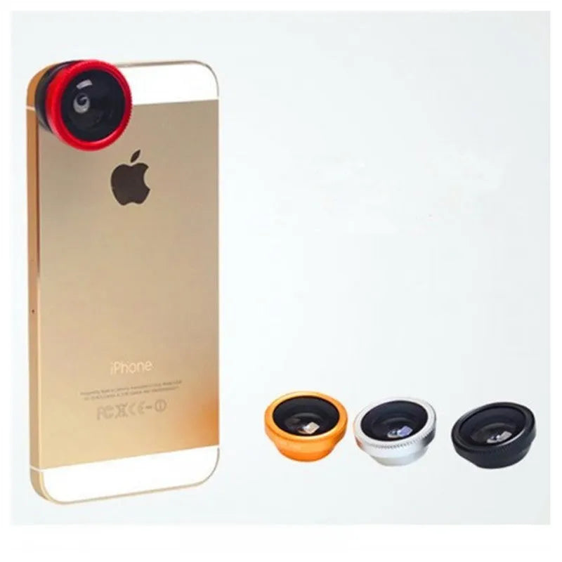 Black 3-in-1 mobile phone camera lens kit showing fisheye, wide angle and macro lenses with a universal clip