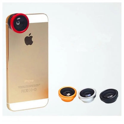 Black 3-in-1 mobile phone camera lens kit showing fisheye, wide angle and macro lenses with a universal clip