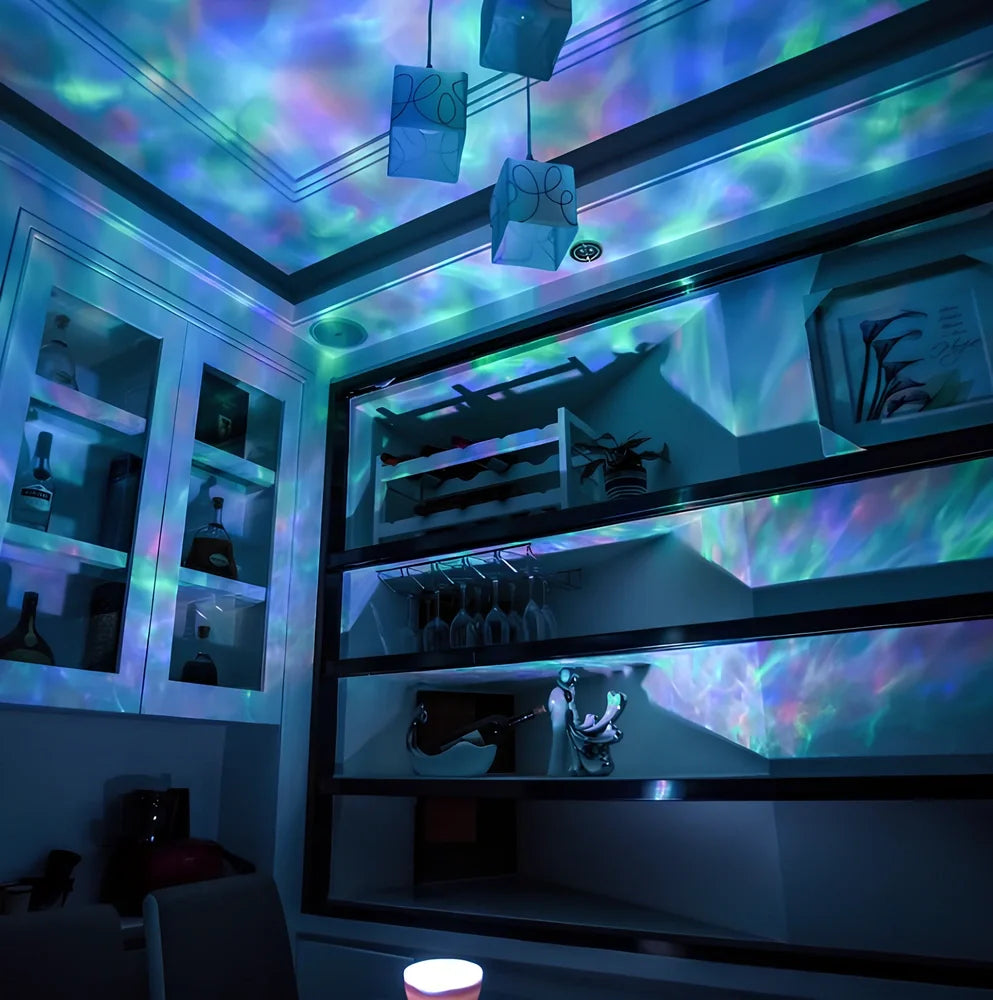 Ocean Wave Projector measuring 12.6x10.5cm with remote control projecting colourful waves on ceiling
