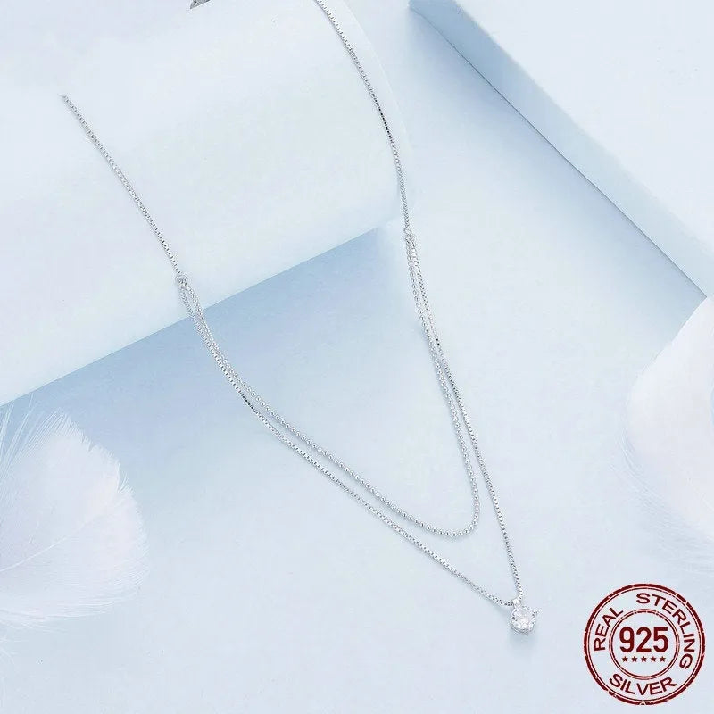 S925 sterling silver double-layer pendant necklace with a pearl chain in silver colour