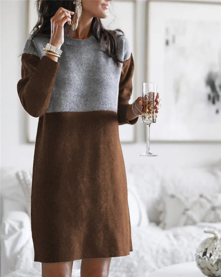 Brown women's sweater patchwork skirt with loose round neck and long sleeves, retro art design