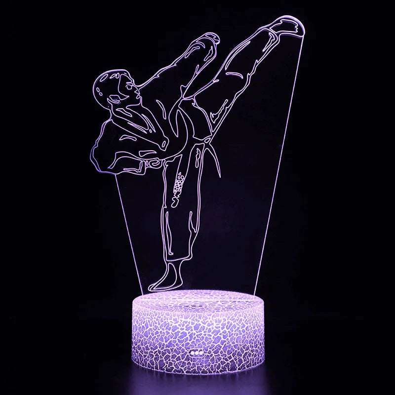 Sports 3D night light with acrylic shade, touch switch, LED light source, and 7 colour options in Black, Crack, or White.