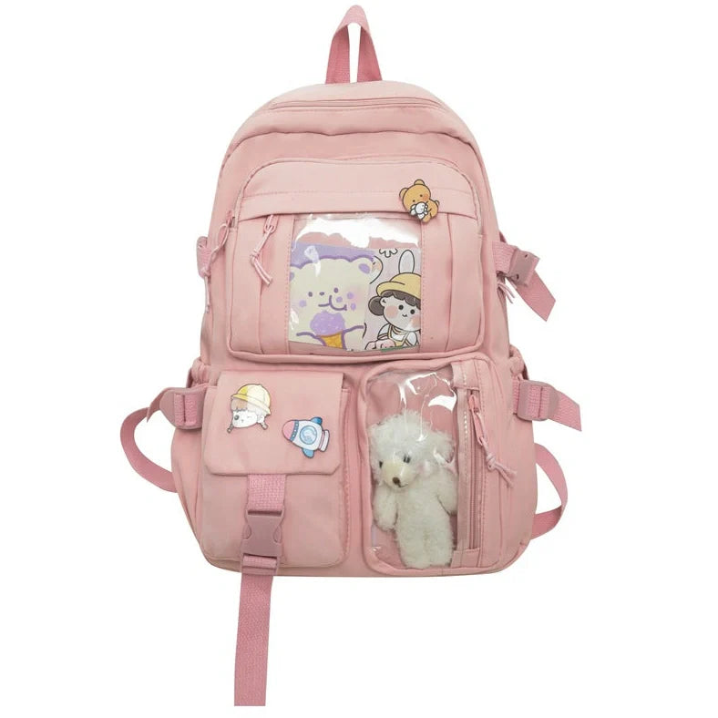 Girls' backpack with 29×12×40cm dimensions in black, white, green, and pink colour options