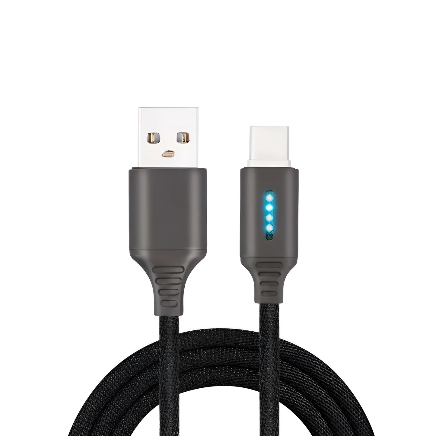 Black woven fabric braided USB fast charging cable with Type-C connector, 1 metre long.
