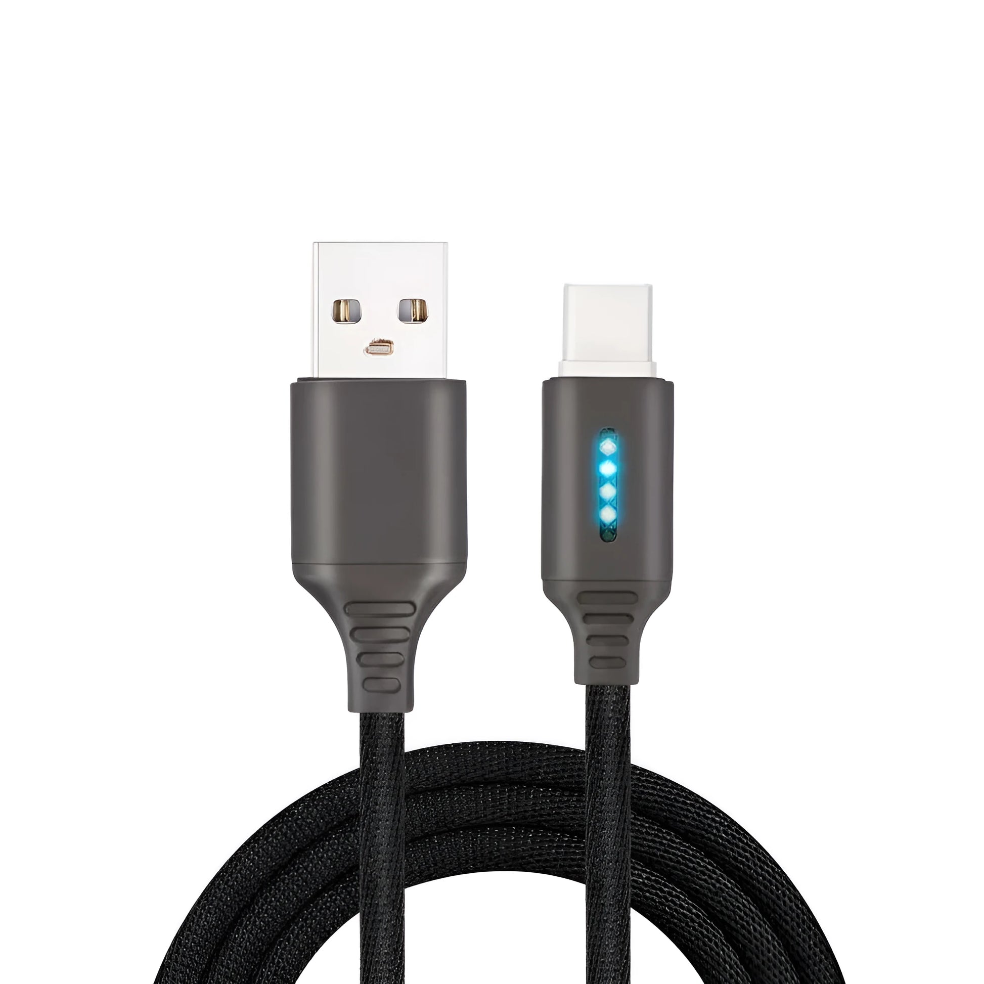 Black woven fabric braided USB fast charging cable with Type-C connector, 1 metre long.