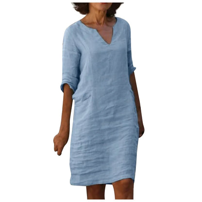 Retro cotton and linen V-neck dress with high waist and summer stitching in various colors