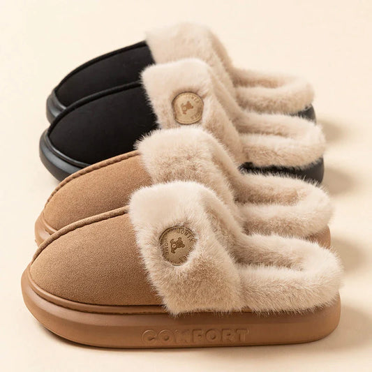 Cozy fleece-lined slippers in various colors, featuring a plush lining and non-slip PVC sole for indoor and outdoor wear