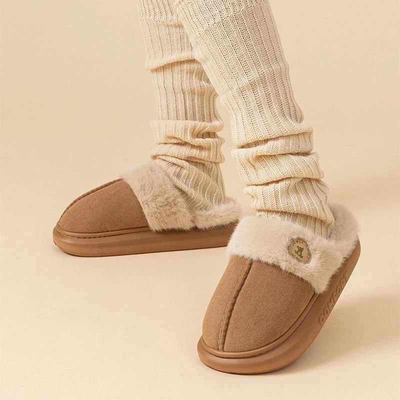 Cozy fleece-lined slippers in various colors, featuring a plush lining and non-slip PVC sole for indoor and outdoor wear