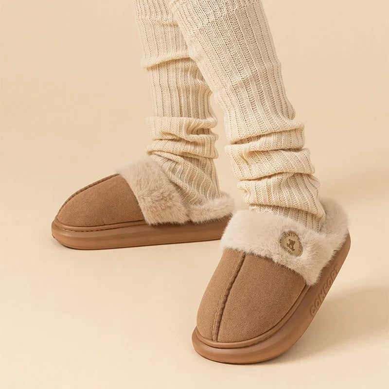 Thick-soled fleece indoor slippers with non-slip PVC sole in various colours