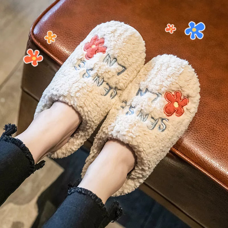 Ins Cute Flower Fleece Slippers for Women - Winter Warm Indoor Non-slip Plush Shoes in various colors