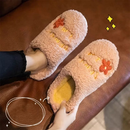 Ins Cute Flower Fleece Slippers for Women - Winter Warm Indoor Non-slip Plush Shoes in various colors
