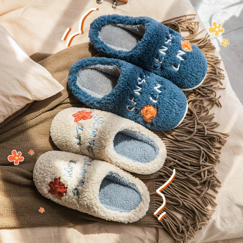 Ins Cute Flower Fleece Slippers for Women - Winter Warm Indoor Non-slip Plush Shoes in various colors
