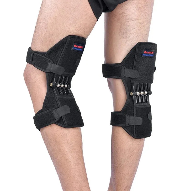 Adjustable spring knee brace for sports support in black, shown with straps.