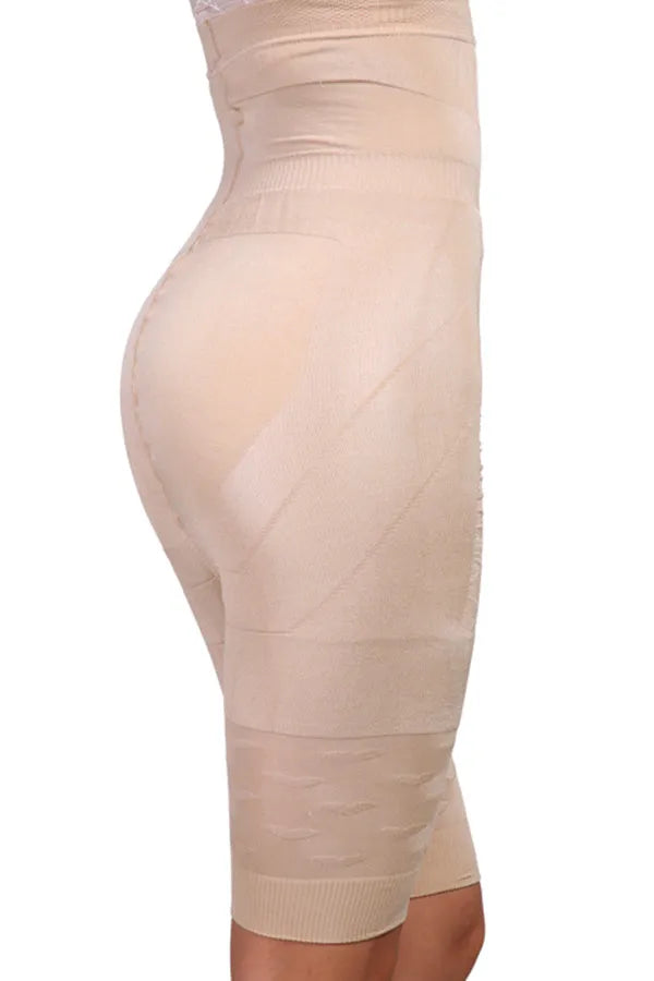 Women's seamless high-waist shapewear shorts in black and nude colours showing tummy control design