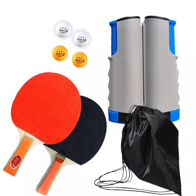 Retractable and portable table tennis racket set with anti-adhesive rubber, includes rackets, balls, net, and bag