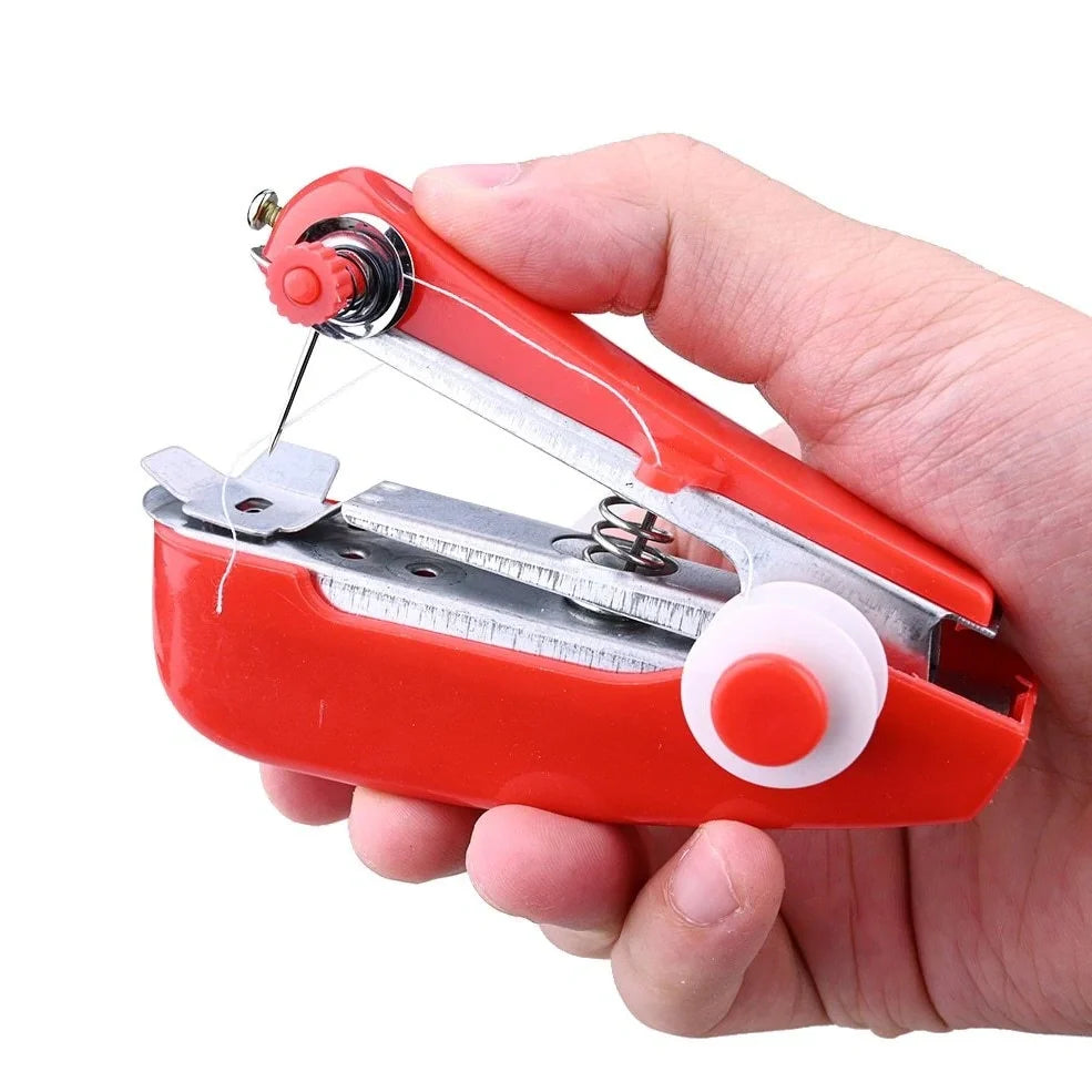 Small blue hand-held manual sewing machine showing stainless steel components and compact 11cm design