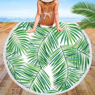 Palm Leaf Round Beach Towel with microfiber material and forest palm leaf pattern