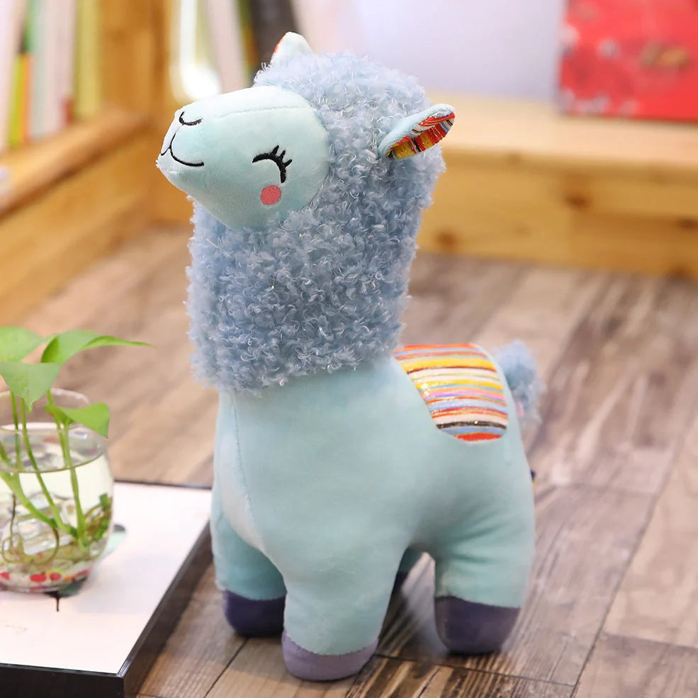 Alpaca Llama stuffed plush toy in blue, brown, white, or pink colours with soft cloth exterior
