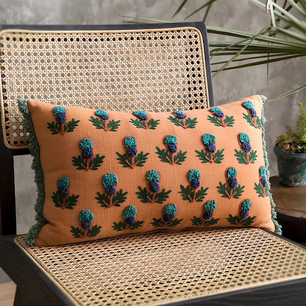 Vintage handmade embroidered throw pillow in jewel 01 tones, cotton cover 30x50cm with intricate stitching details