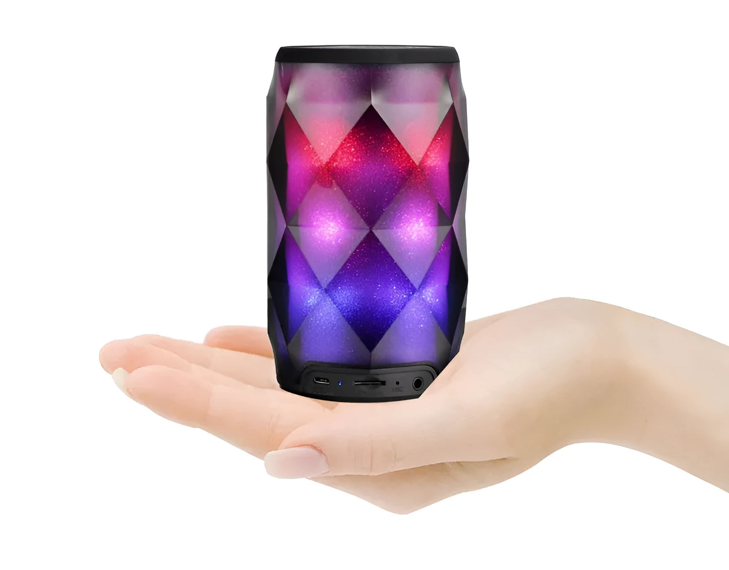 Black crystal diamond-cut Coke can shaped Bluetooth speaker with colourful starry sky LED lighting.