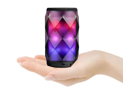 Black crystal diamond-cut Coke can shaped Bluetooth speaker with colourful starry sky LED lighting.