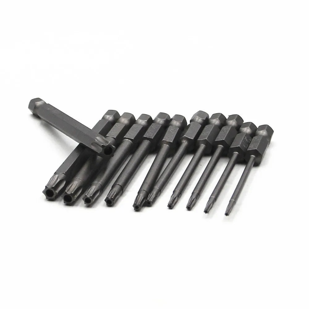 Set of alloy hexagon handle screwdrivers in 50mm, 75mm, and 100mm lengths with plum blossom hollow tips.