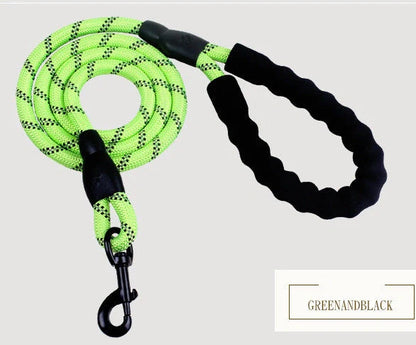 Reflective dog leash with foam handle showing 1.5m length and zinc alloy hook