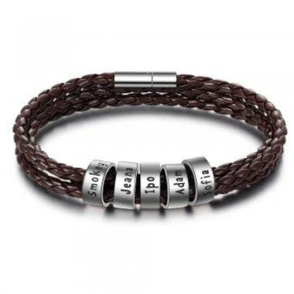 Personalized men's braided leather bracelet with stainless steel beads and custom name charm