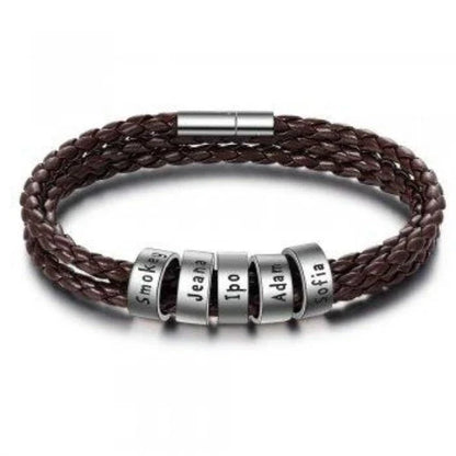 Personalized men's braided leather bracelet with stainless steel beads and custom name charm