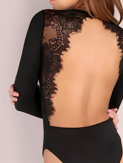 Black lace halter nightdress with eyelash detailing along Siamese seams, showing stretch fabric