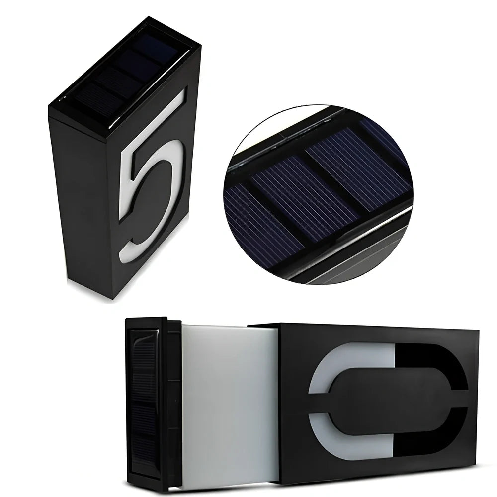 Solar powered house number with LED illumination showing waterproof construction and concealed mounting