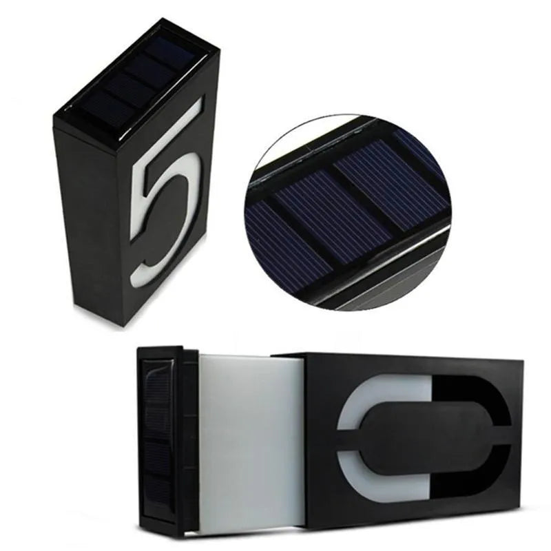 Solar-powered house number light with 6 LED illumination and concealed wall-mounting design