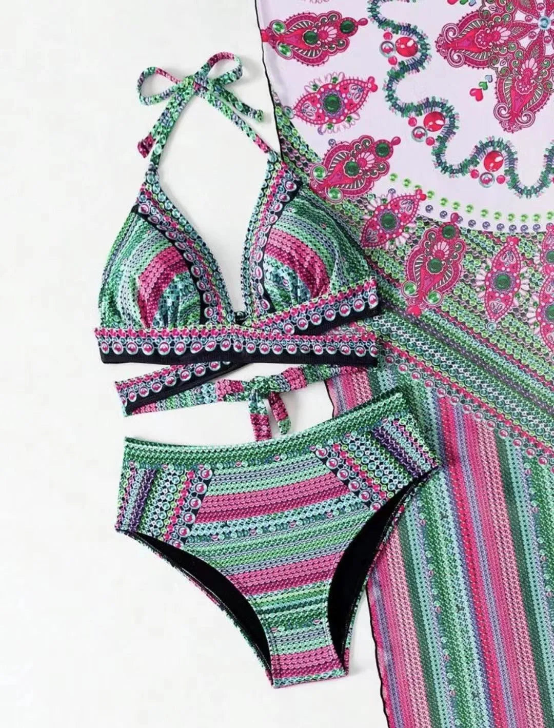 Women's retro ethnic style bikini with split cross strap design in blue colour.