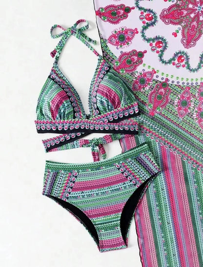 Women's retro ethnic style bikini with split cross strap design in blue colour.