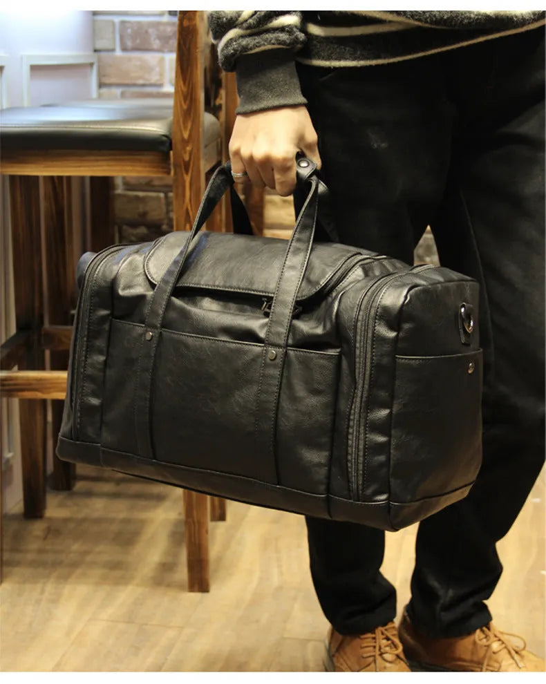 Men's Travel Bag PU Leather Handbag Black 50cm Wide 26cm High with Mobile Phone Bag Cigarette Bag Hidden Zipper Bag Soft Cortex