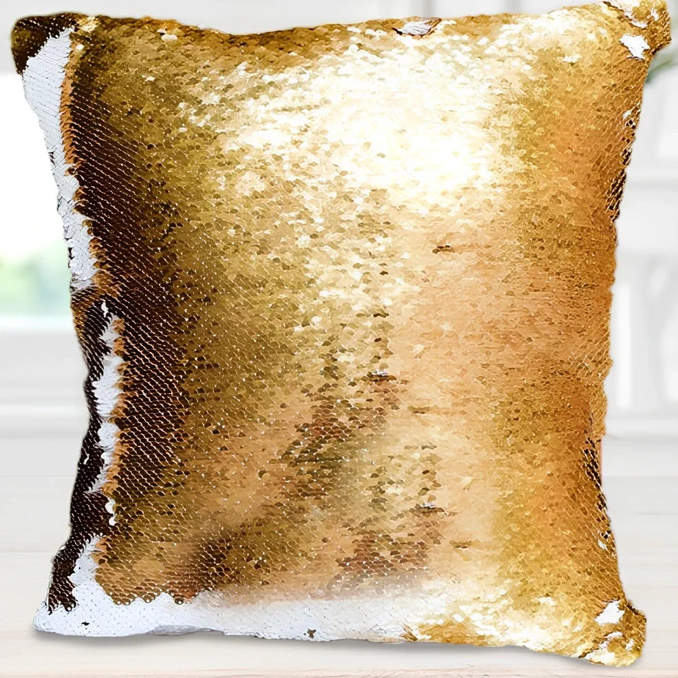 Custom photo sequin cushion cover with 40cm dimensions showing gold and silver luminous design options