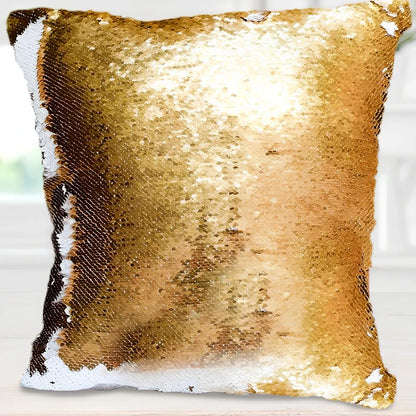 Custom photo sequin cushion cover with 40cm dimensions showing gold and silver luminous design options