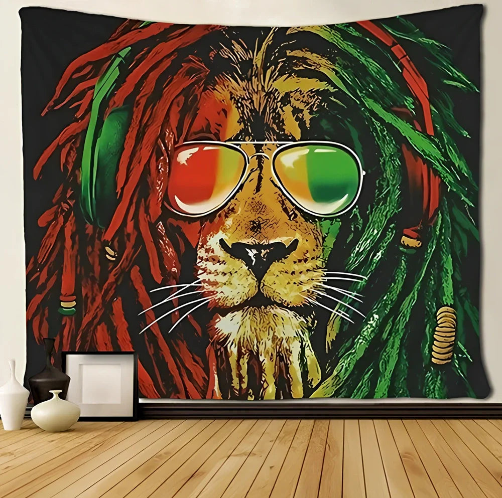 Lion tapestry wall art with European lion king design on polyester fabric in multiple sizes
